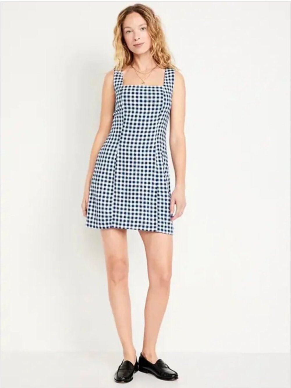 Old Navy Navy Gingham Linen Blend Square Neck Mini Dress XL